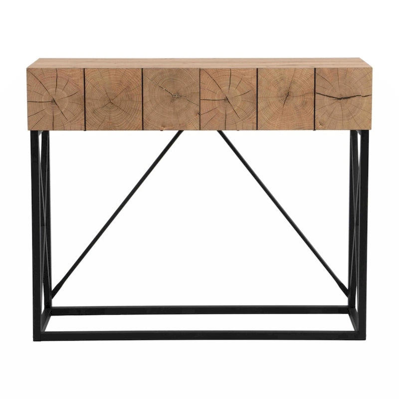 43" Industrial Console Table – Natural Wood Grain, Metal Frame, 2 Drawers, Single