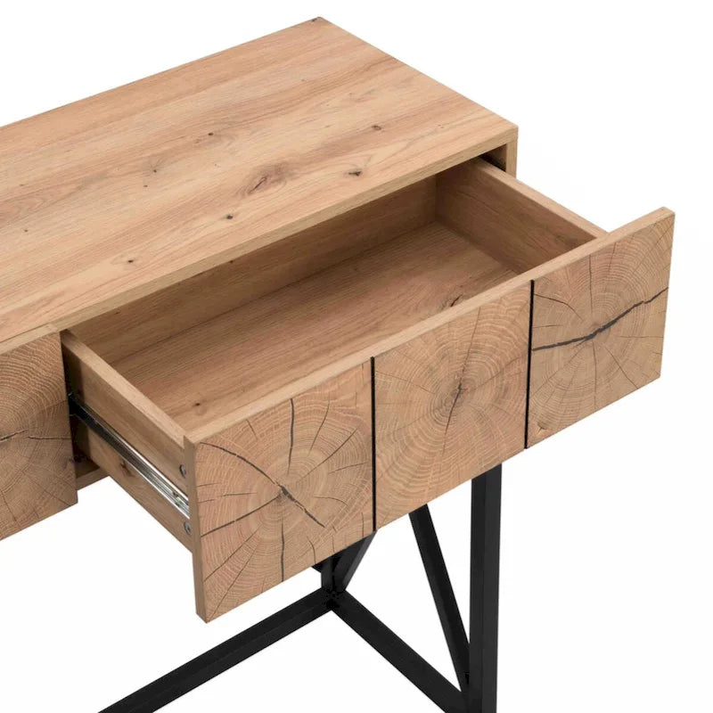 43" Industrial Console Table – Natural Wood Grain, Metal Frame, 2 Drawers, Single