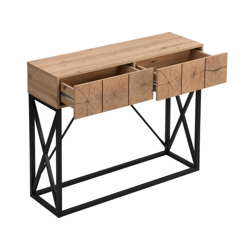 43" Industrial Console Table – Natural Wood Grain, Metal Frame, 2 Drawers, Single