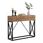43" Industrial Console Table – Natural Wood Grain, Metal Frame, 2 Drawers, Single