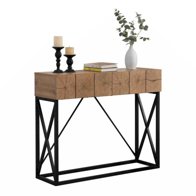 43" Industrial Console Table – Natural Wood Grain, Metal Frame, 2 Drawers, Single