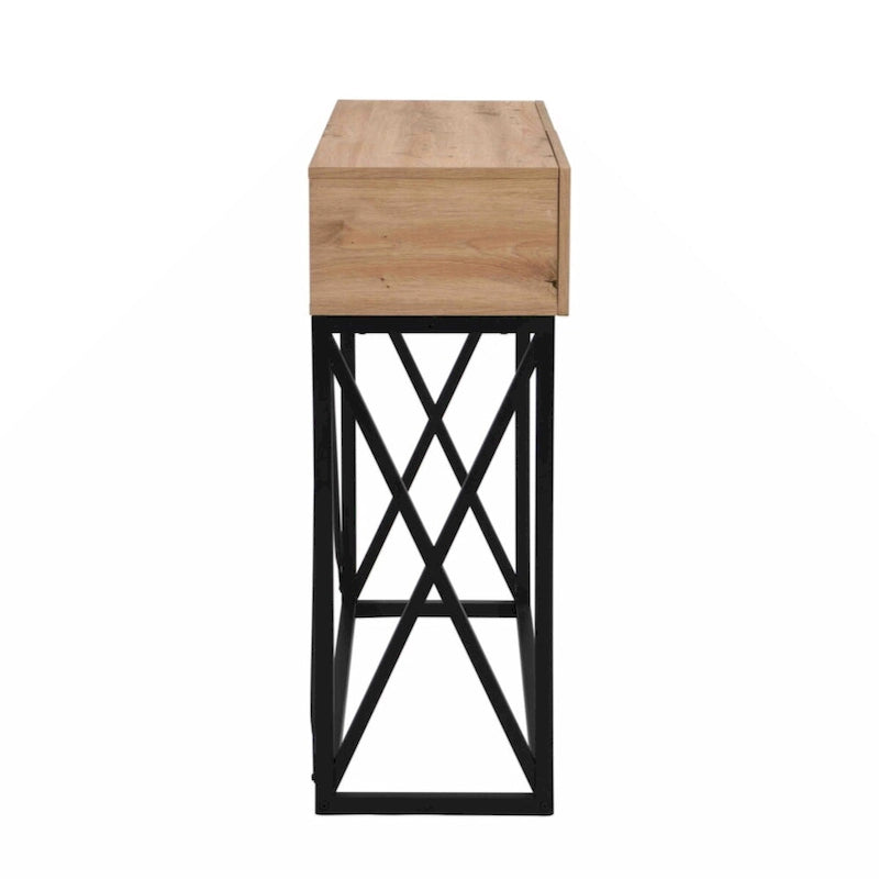 43" Industrial Console Table – Natural Wood Grain, Metal Frame, 2 Drawers, Single