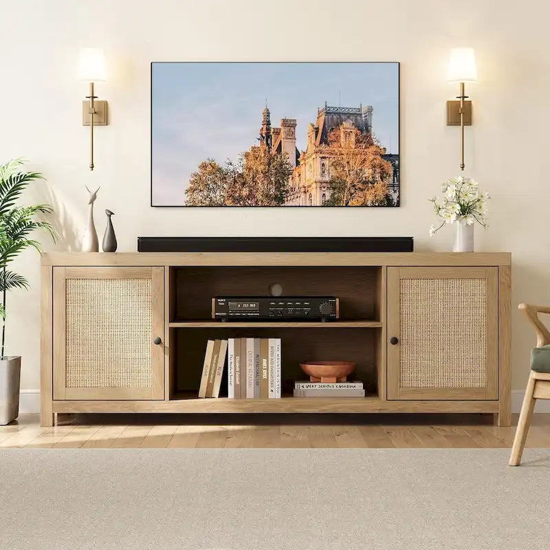 Rattan Boho TV Stand – Natural / Wood Grain, 2 Cabinets & 2 Open Shelves, Fits 65" or 75" TV, Single