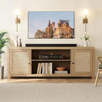 Rattan Boho TV Stand – Natural / Wood Grain, 2 Cabinets & 2 Open Shelves, Fits 65" or 75" TV, Single