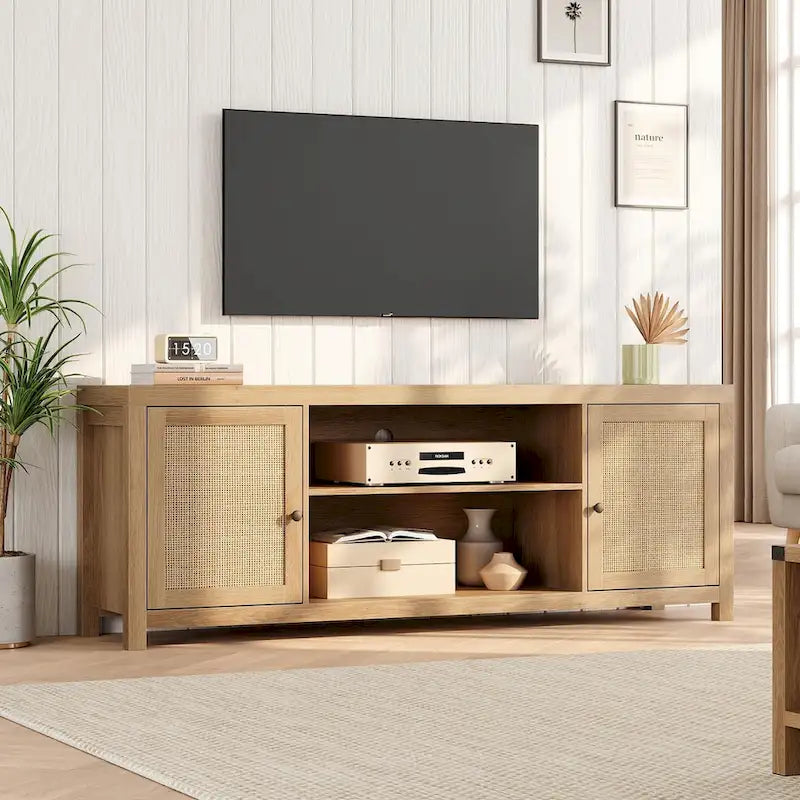 Rattan Boho TV Stand – Natural / Wood Grain, 2 Cabinets & 2 Open Shelves, Fits 65" or 75" TV, Single
