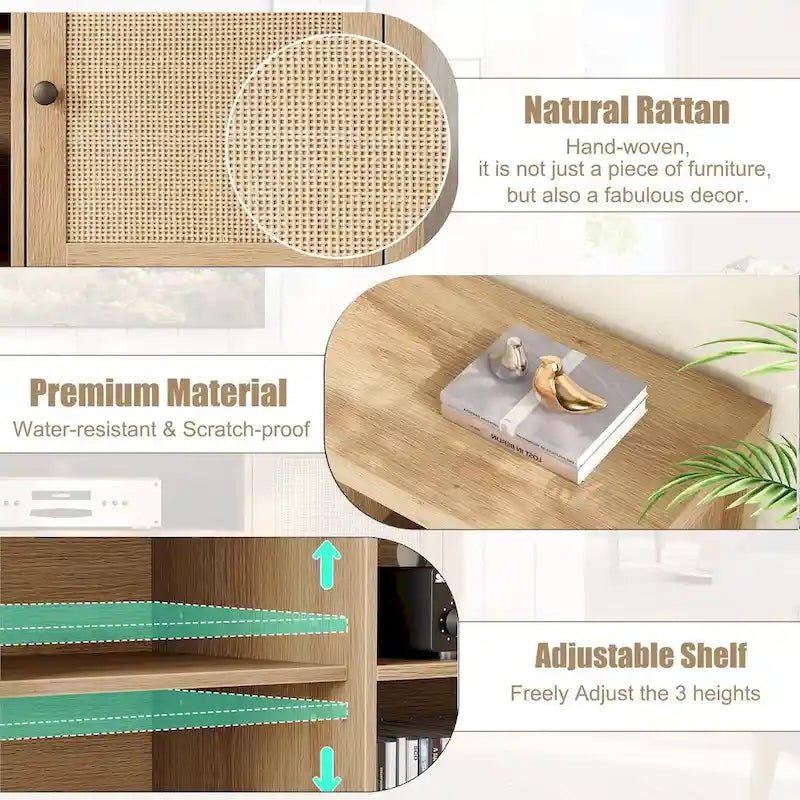 Rattan Boho TV Stand – Natural / Wood Grain, 2 Cabinets & 2 Open Shelves, Fits 65" or 75" TV, Single