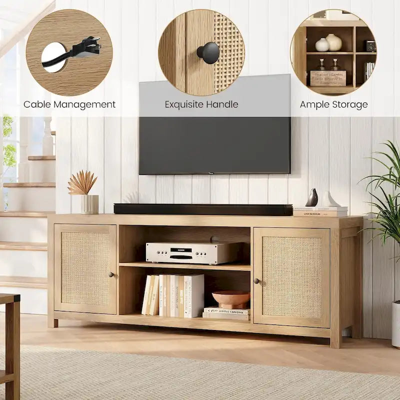 Rattan Boho TV Stand – Natural / Wood Grain, 2 Cabinets & 2 Open Shelves, Fits 65" or 75" TV, Single