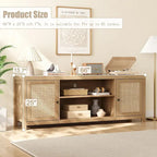 Rattan Boho TV Stand – Natural / Wood Grain, 2 Cabinets & 2 Open Shelves, Fits 65" or 75" TV, Single