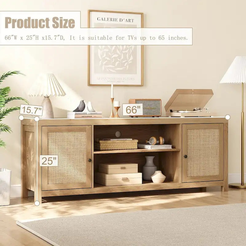 Rattan Boho TV Stand – Natural / Wood Grain, 2 Cabinets & 2 Open Shelves, Fits 65" or 75" TV, Single