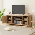 Rattan Boho TV Stand – Natural / Wood Grain, 2 Cabinets & 2 Open Shelves, Fits 65" or 75" TV, Single