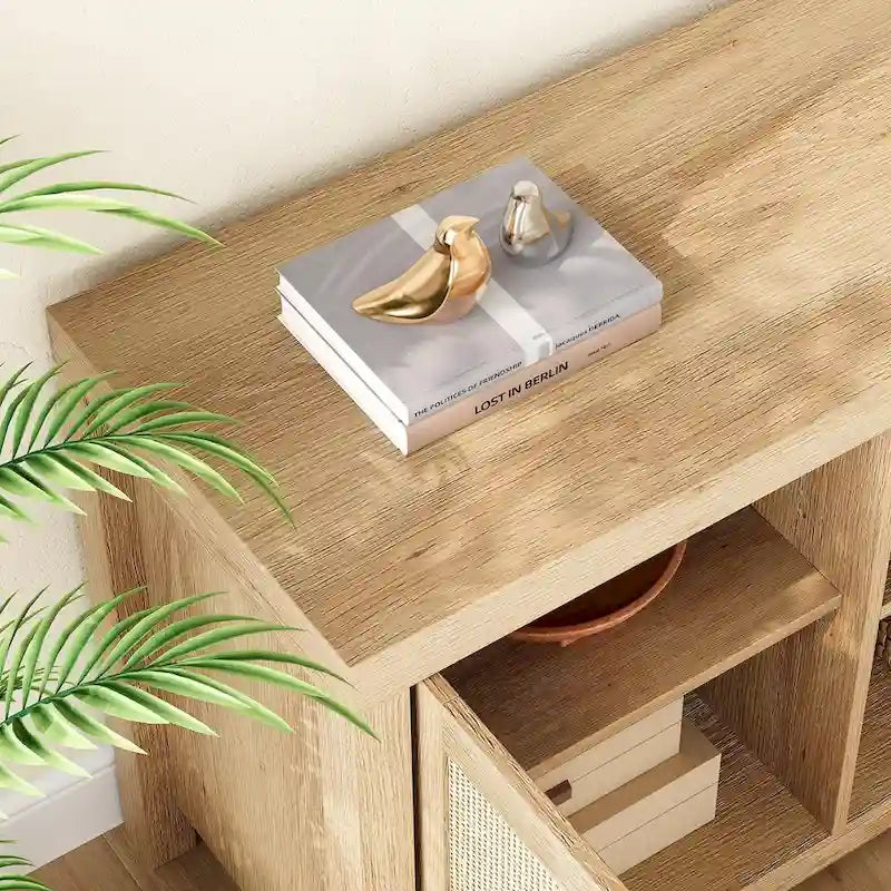 Rattan Boho TV Stand – Natural / Wood Grain, 2 Cabinets & 2 Open Shelves, Fits 65" or 75" TV, Single