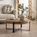 31" Round Retro Splicing Coffee Table – Black & Natural / Gold & Natural, Cross Metal Legs, Single