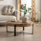 31" Round Retro Splicing Coffee Table – Black & Natural / Gold & Natural, Cross Metal Legs, Single