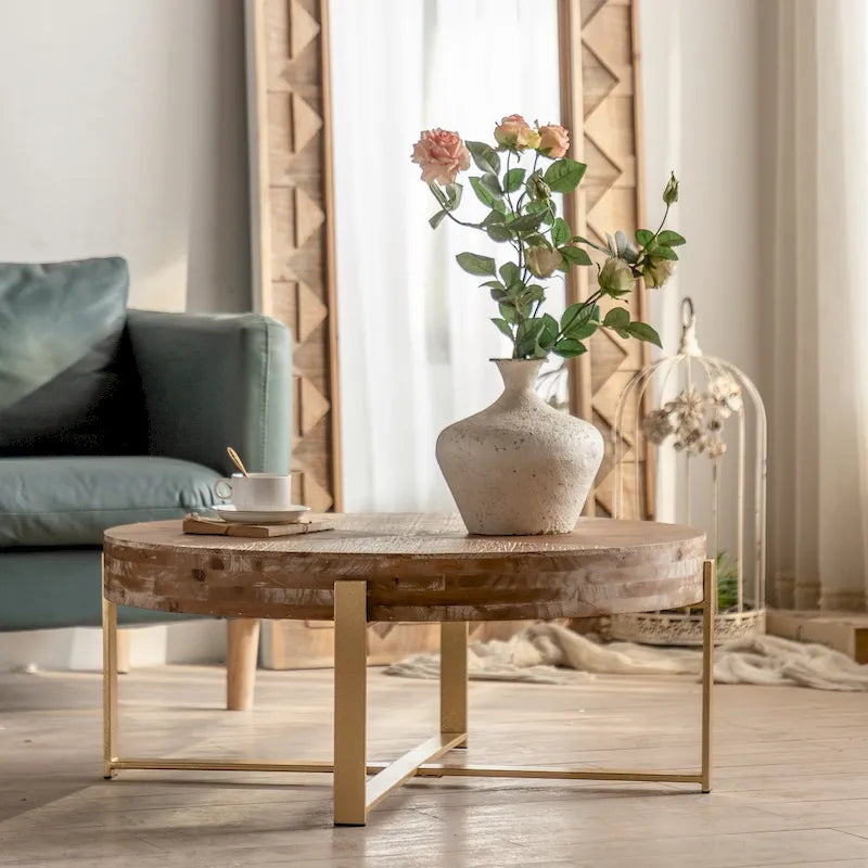 31" Round Retro Splicing Coffee Table – Black & Natural / Gold & Natural, Cross Metal Legs, Single