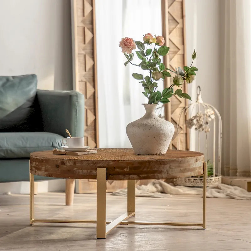 31" Round Retro Splicing Coffee Table – Black & Natural / Gold & Natural, Cross Metal Legs, Single