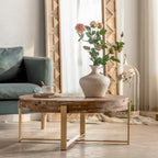 31" Round Retro Splicing Coffee Table – Black & Natural / Gold & Natural, Cross Metal Legs, Single