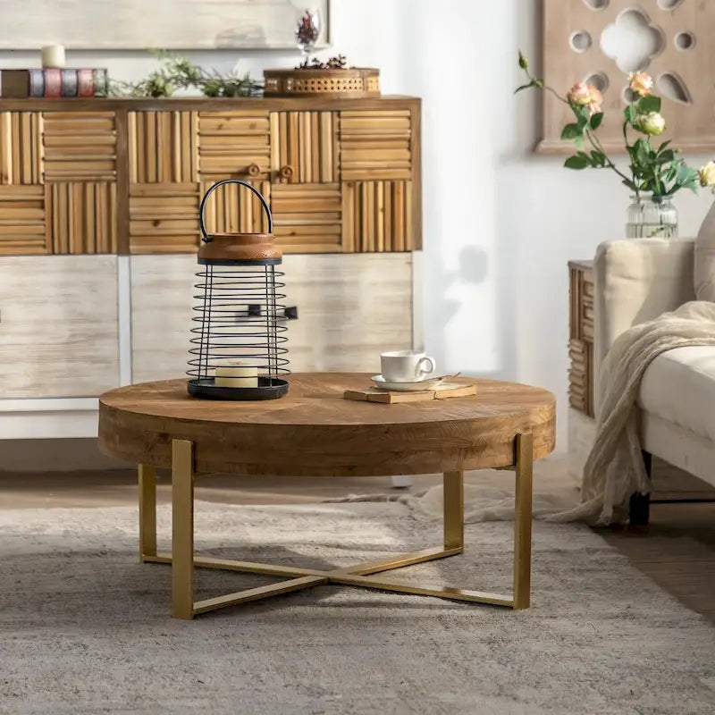 31" Round Retro Splicing Coffee Table – Black & Natural / Gold & Natural, Cross Metal Legs, Single