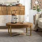 31" Round Retro Splicing Coffee Table – Black & Natural / Gold & Natural, Cross Metal Legs, Single
