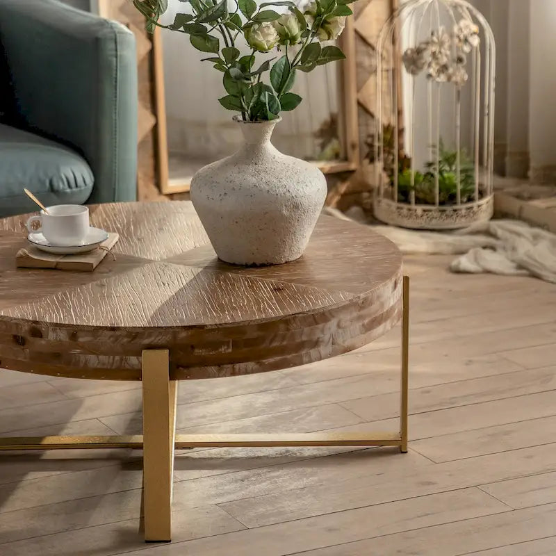 31" Round Retro Splicing Coffee Table – Black & Natural / Gold & Natural, Cross Metal Legs, Single