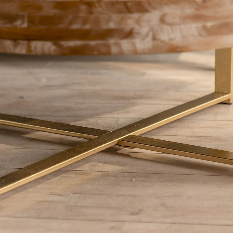31" Round Retro Splicing Coffee Table – Black & Natural / Gold & Natural, Cross Metal Legs, Single