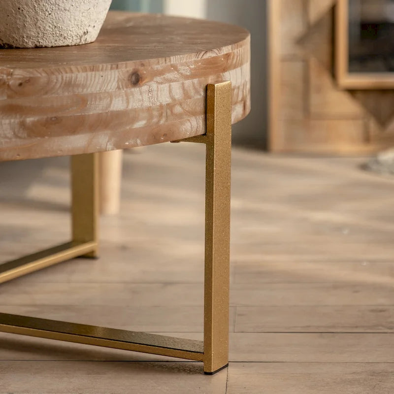 31" Round Retro Splicing Coffee Table – Black & Natural / Gold & Natural, Cross Metal Legs, Single