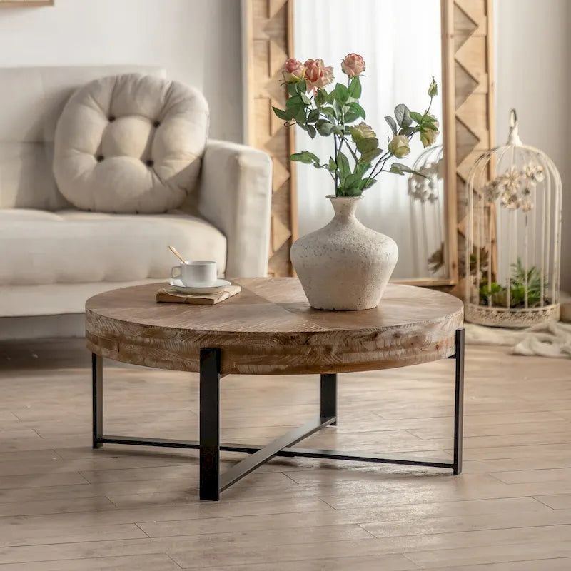 31" Round Retro Splicing Coffee Table – Black & Natural / Gold & Natural, Cross Metal Legs, Single