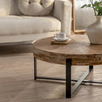 31" Round Retro Splicing Coffee Table – Black & Natural / Gold & Natural, Cross Metal Legs, Single