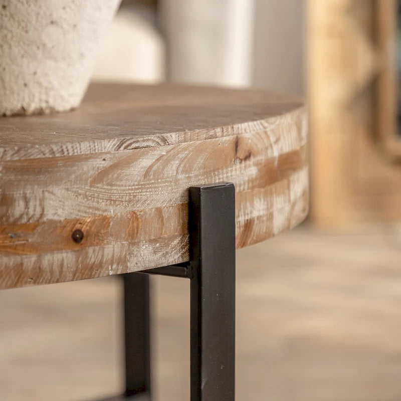 31" Round Retro Splicing Coffee Table – Black & Natural / Gold & Natural, Cross Metal Legs, Single