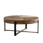 31" Round Retro Splicing Coffee Table – Black & Natural / Gold & Natural, Cross Metal Legs, Single