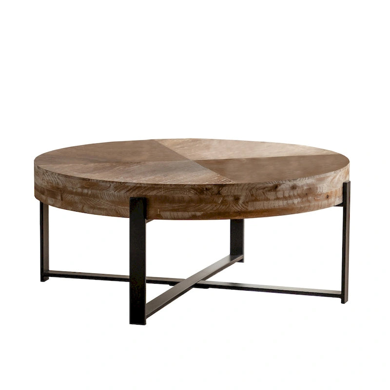 31" Round Retro Splicing Coffee Table – Black & Natural / Gold & Natural, Cross Metal Legs, Single