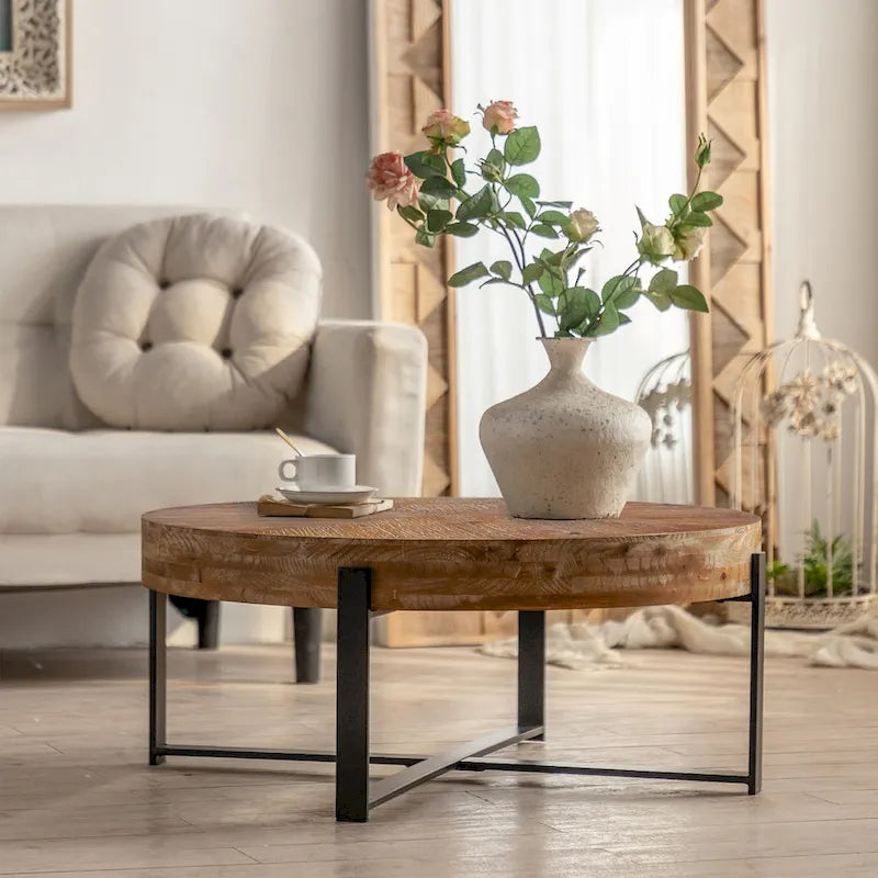 31" Round Retro Splicing Coffee Table – Black & Natural / Gold & Natural, Cross Metal Legs, Single