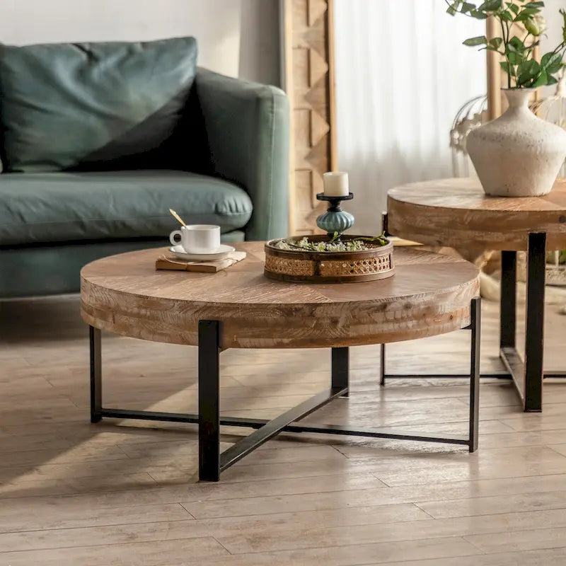 31" Round Retro Splicing Coffee Table – Black & Natural / Gold & Natural, Cross Metal Legs, Single