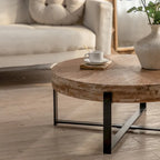 31" Round Retro Splicing Coffee Table – Black & Natural / Gold & Natural, Cross Metal Legs, Single