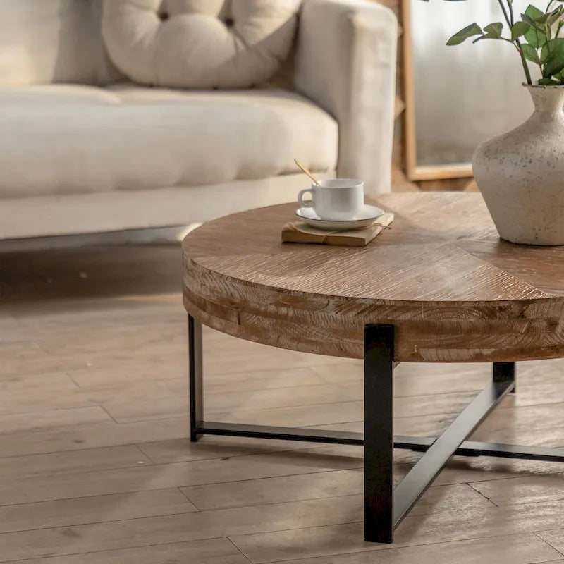 31" Round Retro Splicing Coffee Table – Black & Natural / Gold & Natural, Cross Metal Legs, Single