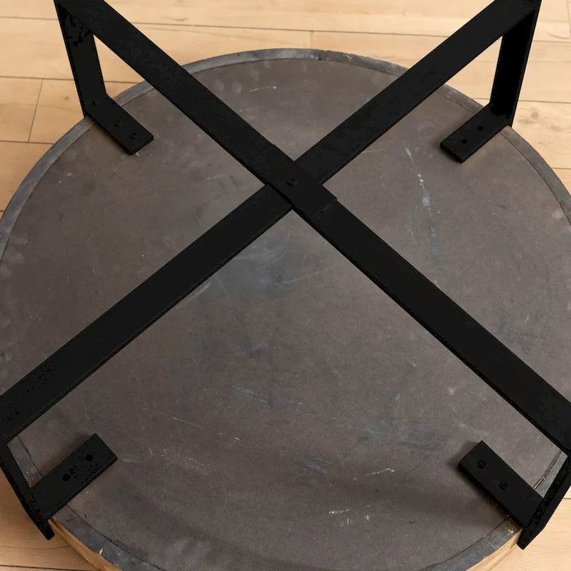 31" Round Retro Splicing Coffee Table – Black & Natural / Gold & Natural, Cross Metal Legs, Single