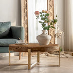 31" Round Retro Splicing Coffee Table – Black & Natural / Gold & Natural, Cross Metal Legs, Single