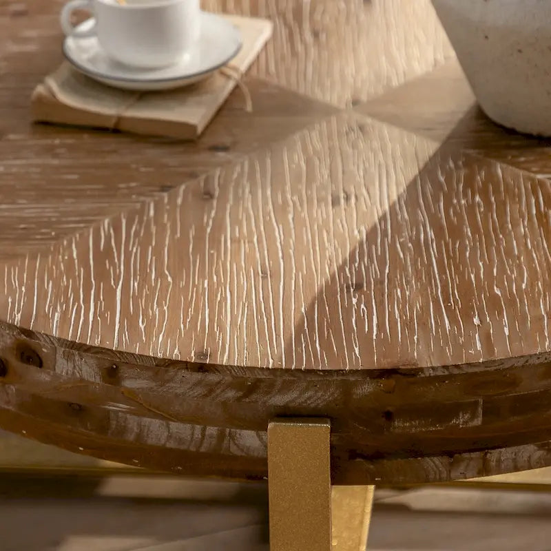 31" Round Retro Splicing Coffee Table – Black & Natural / Gold & Natural, Cross Metal Legs, Single