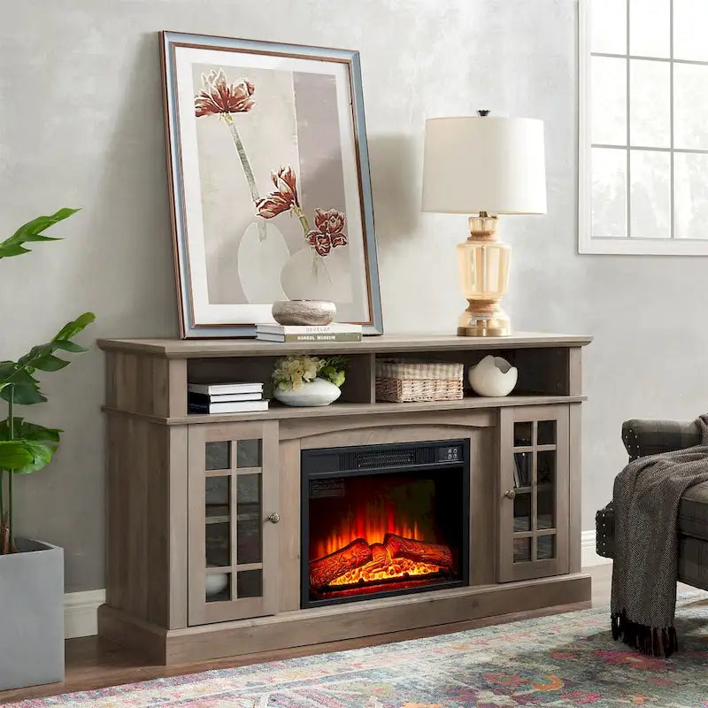 58" Entertainment Console with 23" Fireplace Inset – Gray Wash / Espresso, Classic Style, Single