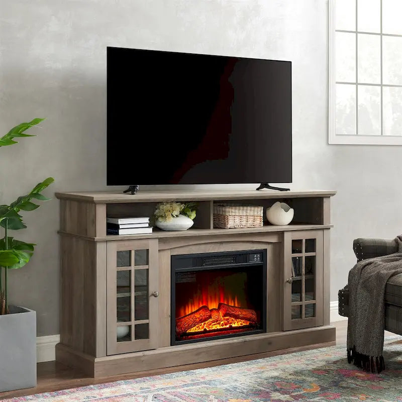 58" Entertainment Console with 23" Fireplace Inset – Gray Wash / Espresso, Classic Style, Single