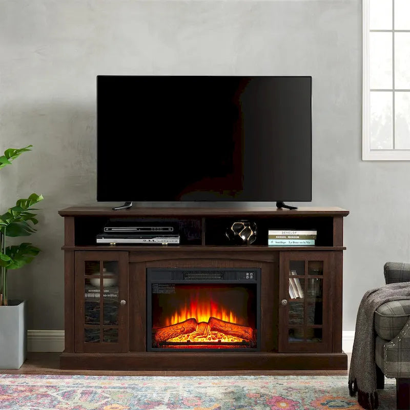 58" Entertainment Console with 23" Fireplace Inset – Gray Wash / Espresso, Classic Style, Single