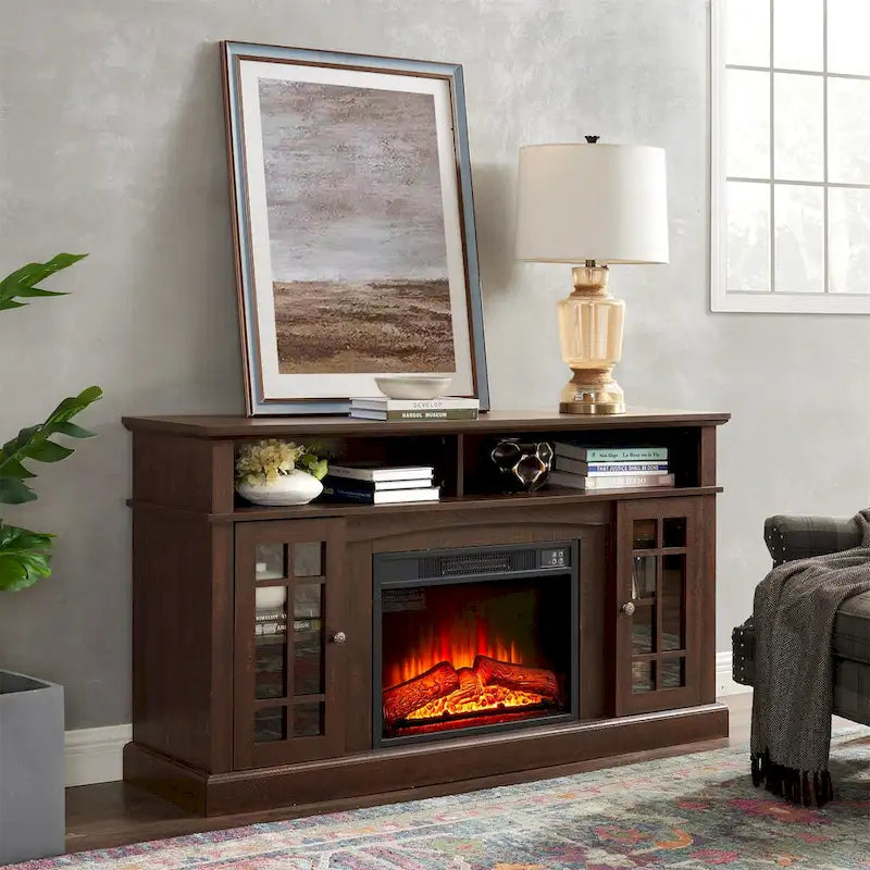 58" Entertainment Console with 23" Fireplace Inset – Gray Wash / Espresso, Classic Style, Single