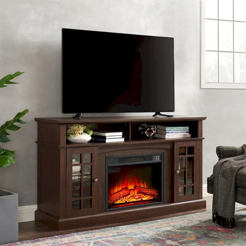 58" Entertainment Console with 23" Fireplace Inset – Gray Wash / Espresso, Classic Style, Single