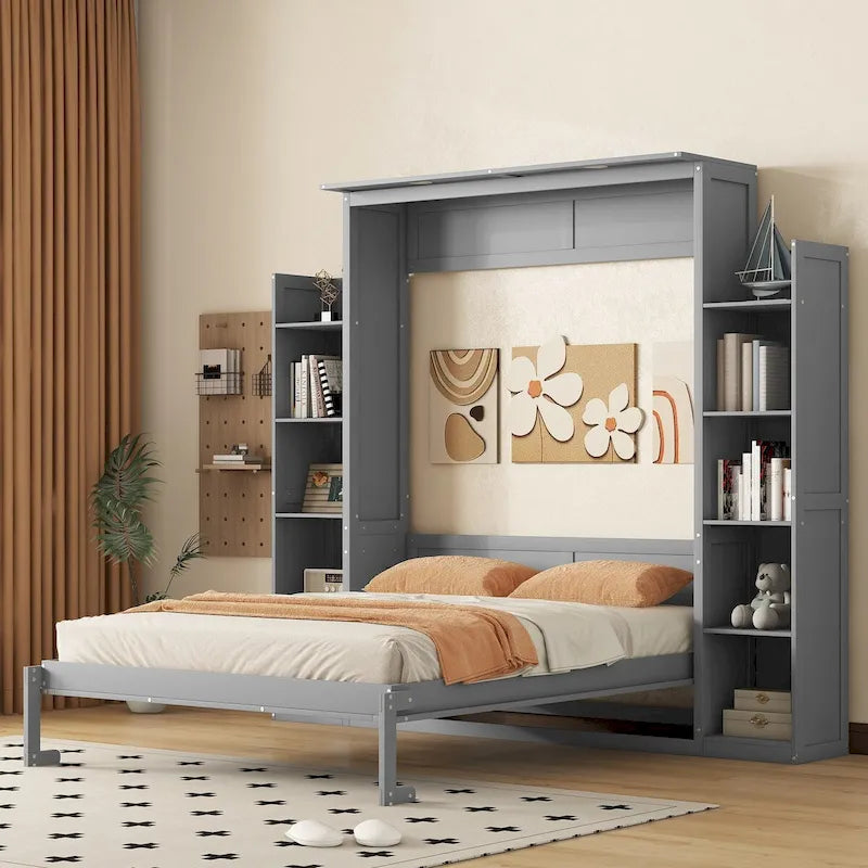 Queen Size Murphy Wall Bed with Shelves & LED Lights – White / Grey, Plywood & MDF, Single