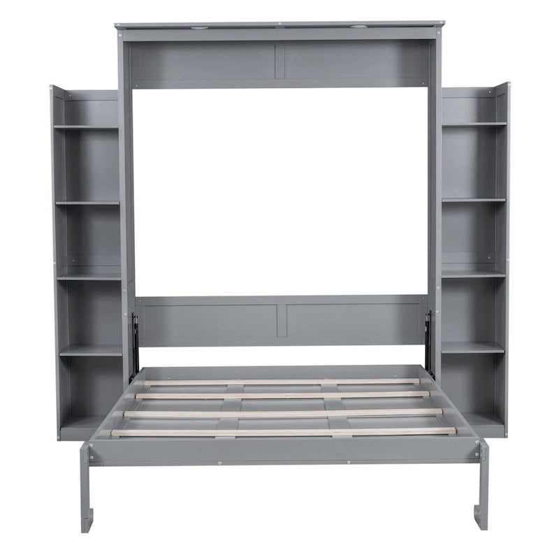 Queen Size Murphy Wall Bed with Shelves & LED Lights – White / Grey, Plywood & MDF, Single