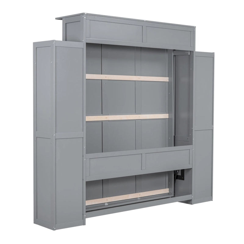 Queen Size Murphy Wall Bed with Shelves & LED Lights – White / Grey, Plywood & MDF, Single