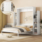 Queen Size Murphy Wall Bed with Shelves & LED Lights – White / Grey, Plywood & MDF, Single
