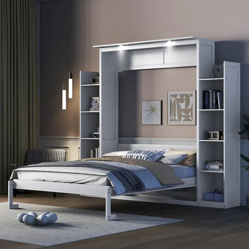 Queen Size Murphy Wall Bed with Shelves & LED Lights – White / Grey, Plywood & MDF, Single