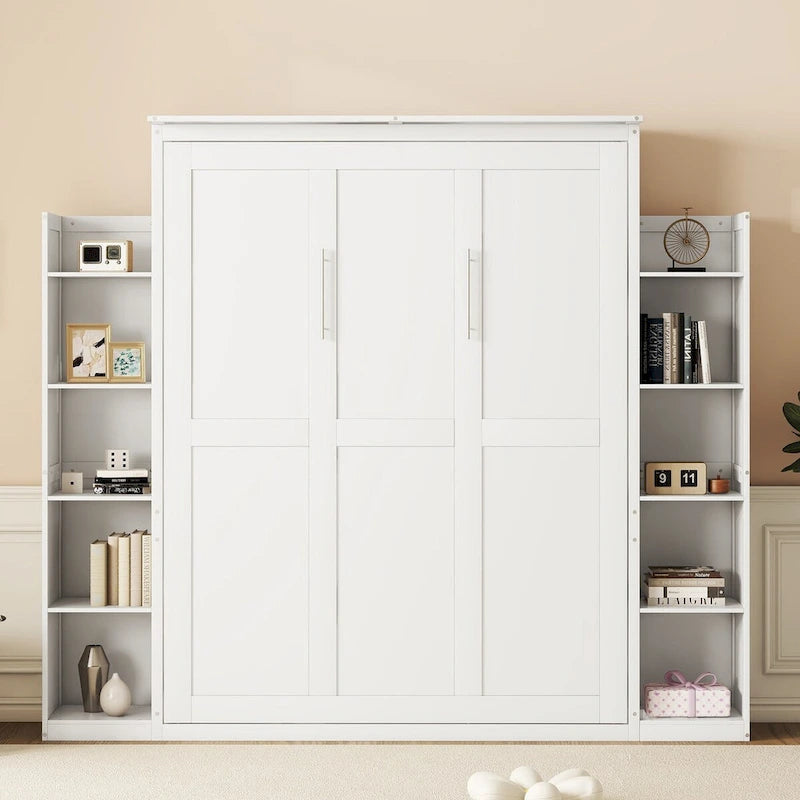 Queen Size Murphy Wall Bed with Shelves & LED Lights – White / Grey, Plywood & MDF, Single