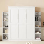 Queen Size Murphy Wall Bed with Shelves & LED Lights – White / Grey, Plywood & MDF, Single