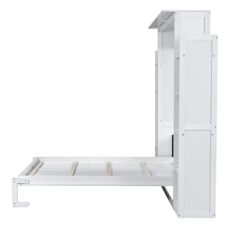 Queen Size Murphy Wall Bed with Shelves & LED Lights – White / Grey, Plywood & MDF, Single